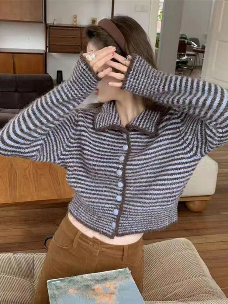 Harajuku Y2K Striped Cardigan Women Vintage Loose Casual Knitted Sweater Fall Winter Japan Retro Long Sleeve Female Soft Tops voguable