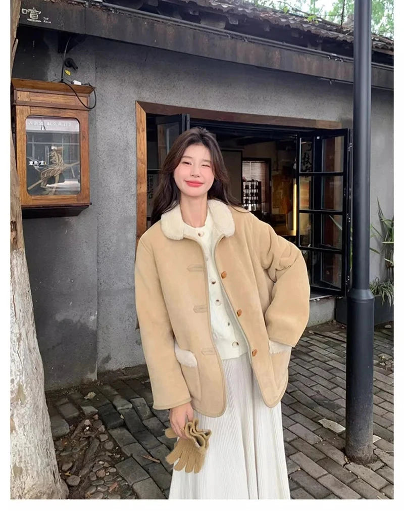 Women Faux Lamb Suede Jacket Winter Warm Long Sleeve Sweet Cotton Coat Korean Pockets Female Thick Vintage Outwear Tops voguable