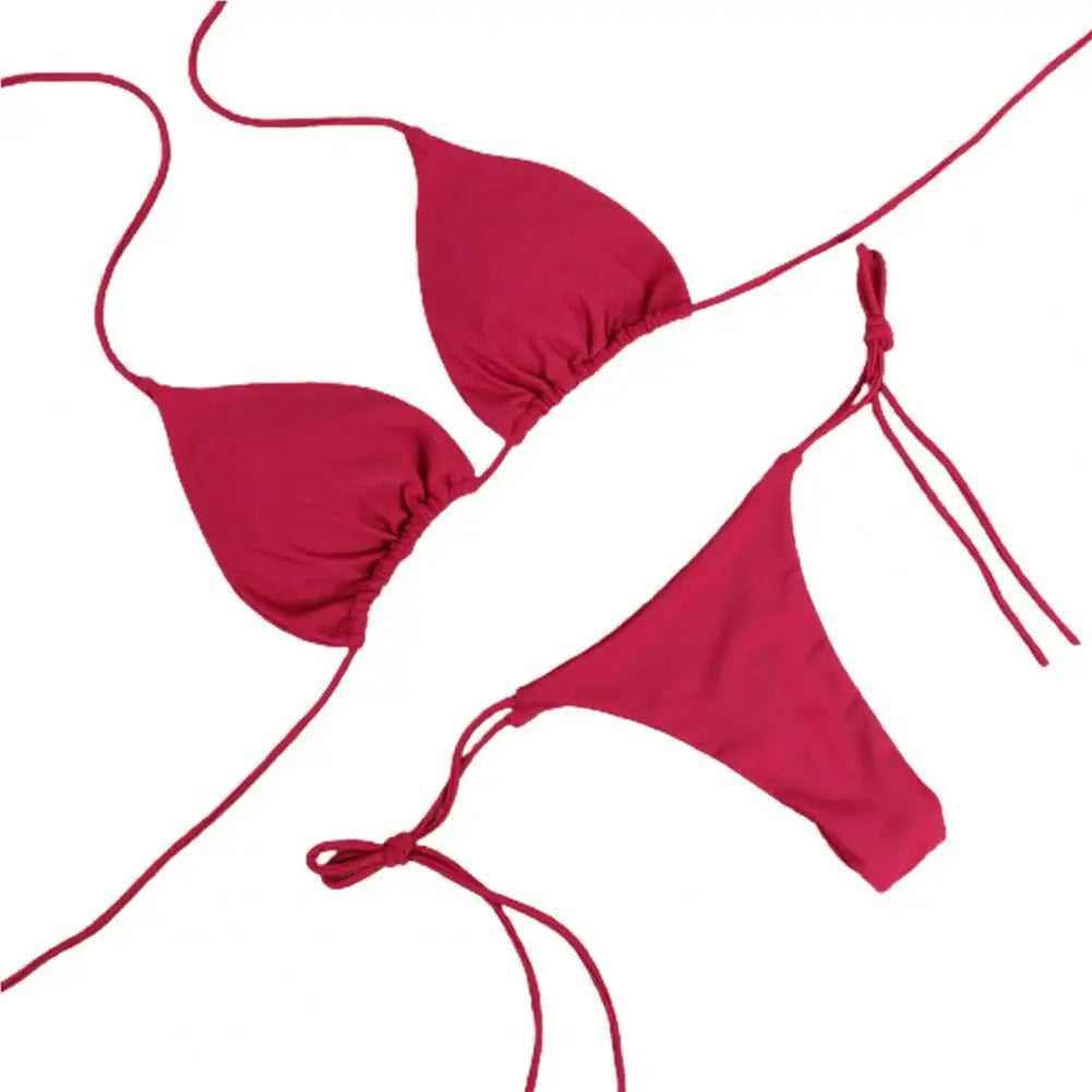 2 Pcs/Set Women Swimsuit  Bikini Set Solid Color Halter Neck Strap Thong Women Swimsuit Set for Beach