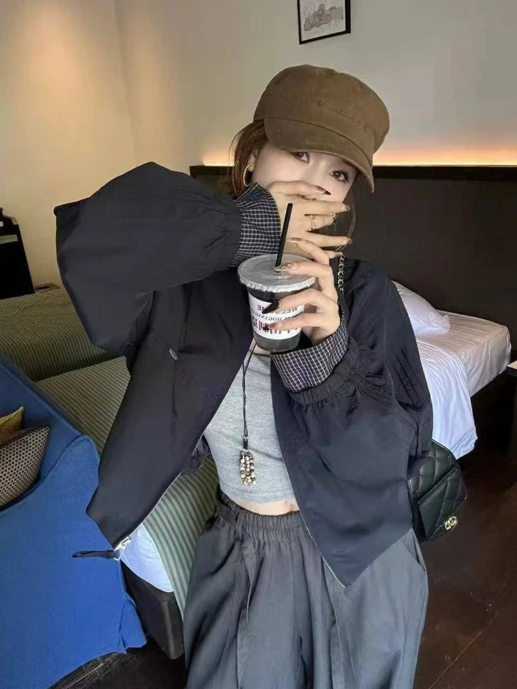 Harajuku Y2K Baseball Jacket Women Loose Vintage Plaid Patchwork Short Coat Streetwear Long Sleeve Vintage American Bf Tops voguable