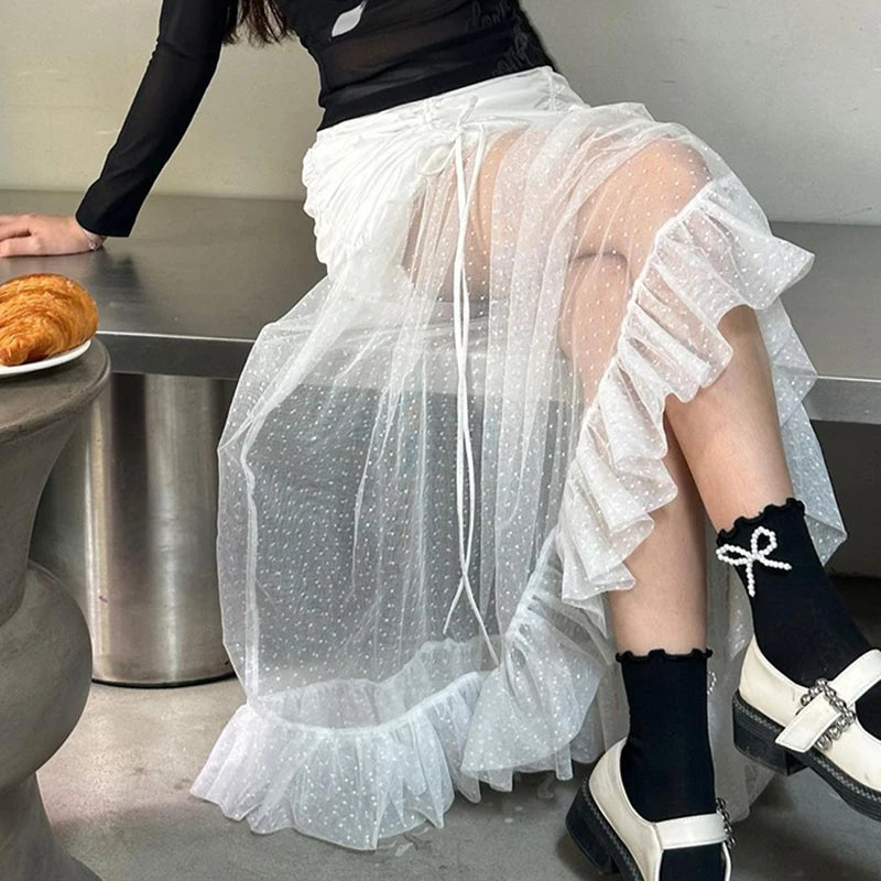 Voguable Sexy Pleated Drawstring  See Through Mesh Patchwork Long Skirt White Fairycore Aesthetic Ruffle-line Maxi Skirts Korean voguable