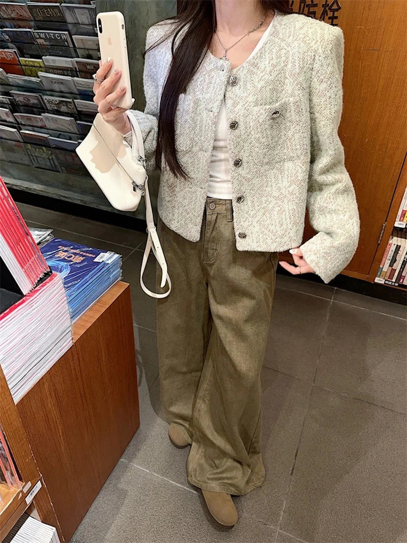 Sweet Women Slim Elegant Jacket Vintage Long Sleeve O Neck Fall Short Coat Korean Small Fragrance Single Breasted Lady Tops voguable