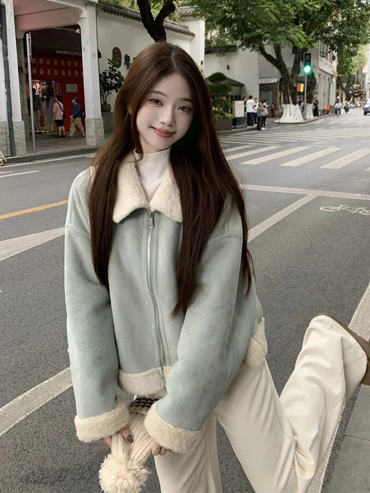 Faux Suede Lamb Jackets Women Winter Warm Thick Sweet Cute Short Coat Korean Vintage Loose Long Sleeve Preppy Style Tops voguable