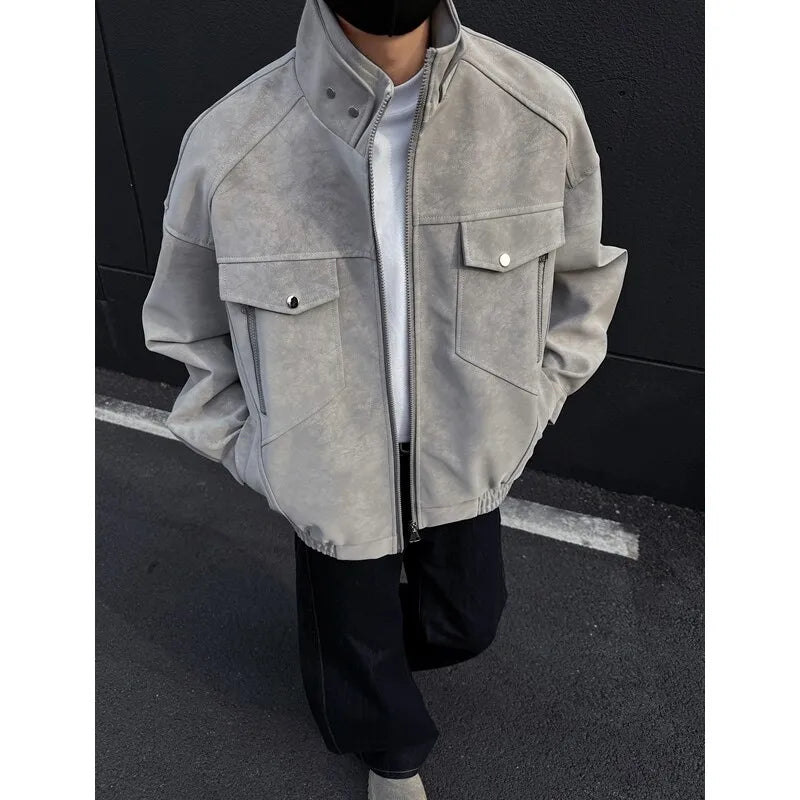 Mens Short Stand Collar Motorcycle Jacket Patchwork Cargo Biker Coat Spring Outdoor Riding Fashion Streetwear Urban Trendy voguable