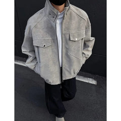 Mens Short Stand Collar Motorcycle Jacket Patchwork Cargo Biker Coat Spring Outdoor Riding Fashion Streetwear Urban Trendy voguable
