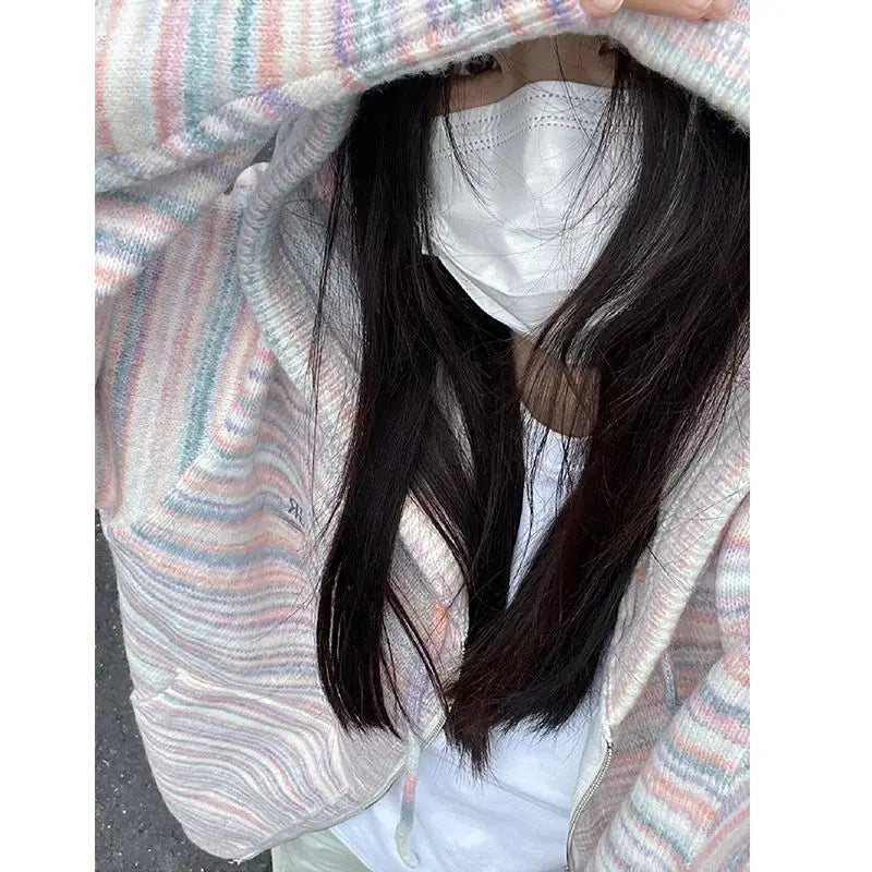 Japanese Y2k Rainbow Striped Kawaii Cardigans Women Autumn All Match Hooded Sweaters Loose Zipper Grunge Knitted Coat Pull Femme voguable