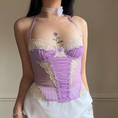 Voguable Coquette Sexy Lace Patchwork Corset Women Backless Criss-cross Bandage Halter Tops Y2K Aesthetic Camis Fairycore Tanks voguable