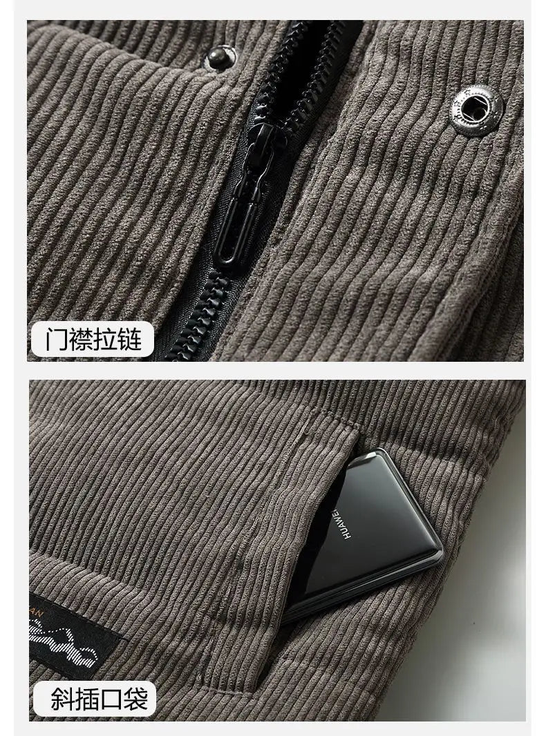 Vests Jacket Men Autumn Winter Stand Collar Warm Sleeveless Leisure Down Cotton-Padded Vest Coat Thickened Corduroy Warm Coat voguable