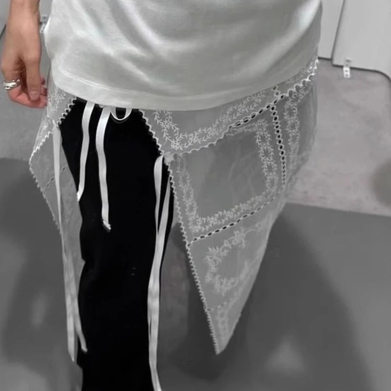 Korean Style Lace Skirts White Y2k 2000s Women Tulle Vintage Harajuku Mesh Overlay Long Skirt Lace Up Retro Streetwear voguable