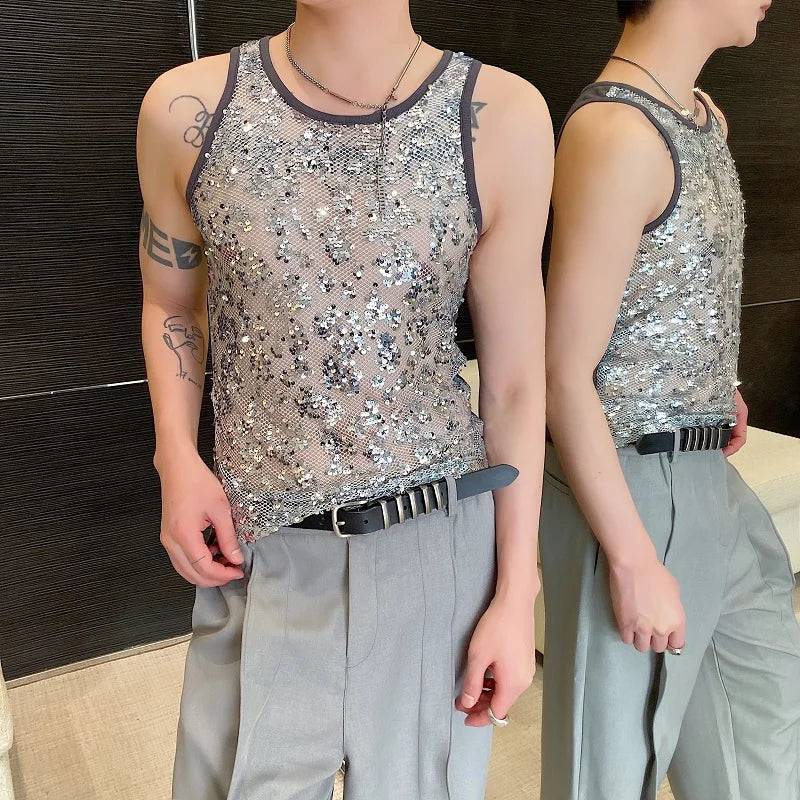Voguable Sequin Splicing See-through Design Sexy Trendy Sleeveless Vest Original Personality Stylish Street Men's Tank Tops voguable