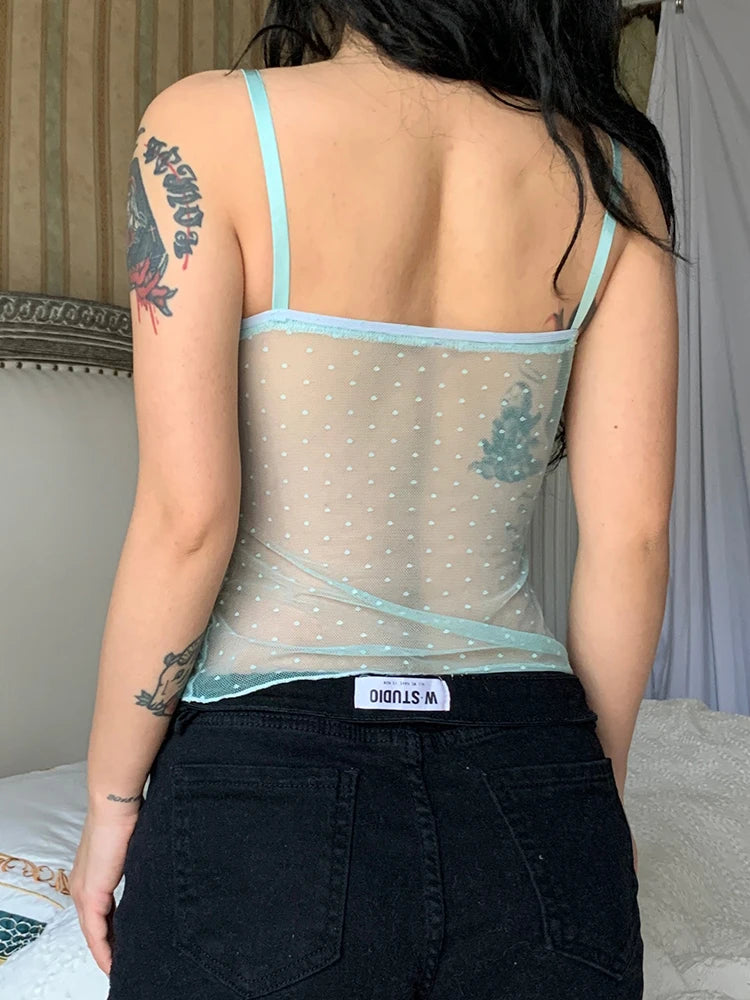 Voguable Polka Dots Lace Frill Mesh Camis Y2K Aesthetic V-neck Crop Top Women Summer Backless Sexy See Through Corset Tops voguable