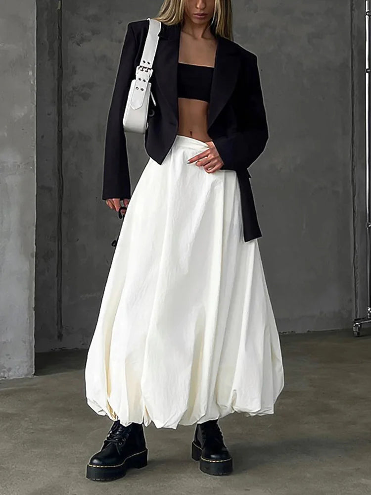 TARUXY Silk Satin White Maxi Skirt Long Ruffled Pleated Skirts Elegant Lantern Pants A-Line Silk Long Skirts For Women 2023 New voguable