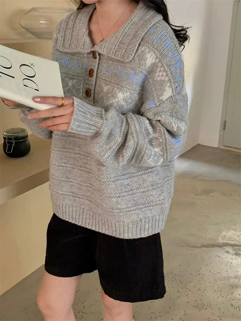 Retro Women Print Sweater Casual Korean Lazy Wind Sweet Knitted Jumpers Fall Winter Lady Long Sleeve Vintage Soft Pullover voguable