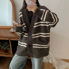 Women Cardigan Sweater Striped V-neck Button-up Sweater Jacket Comfy Cozy Slouchy Cardi Autumn Winter Casual Outfit voguable