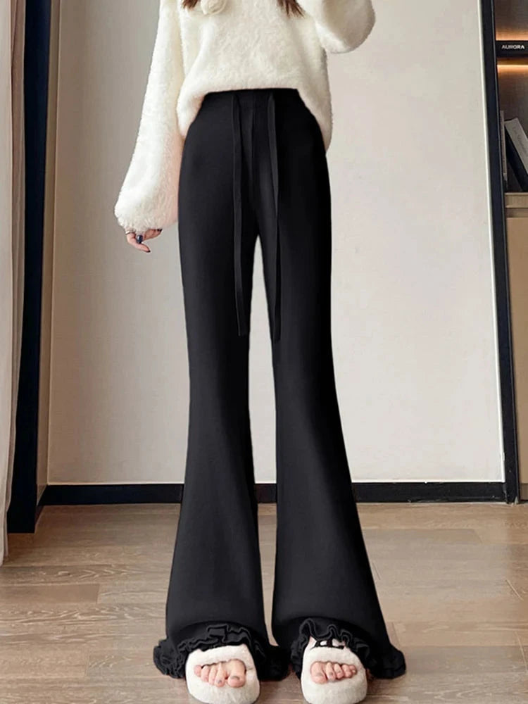 Ruffles Knitted Flare Pant Women High Waist Fashion Loose Fall Winter Trousers Korean Chic Elegant Lady Sweet Solid Pants voguable