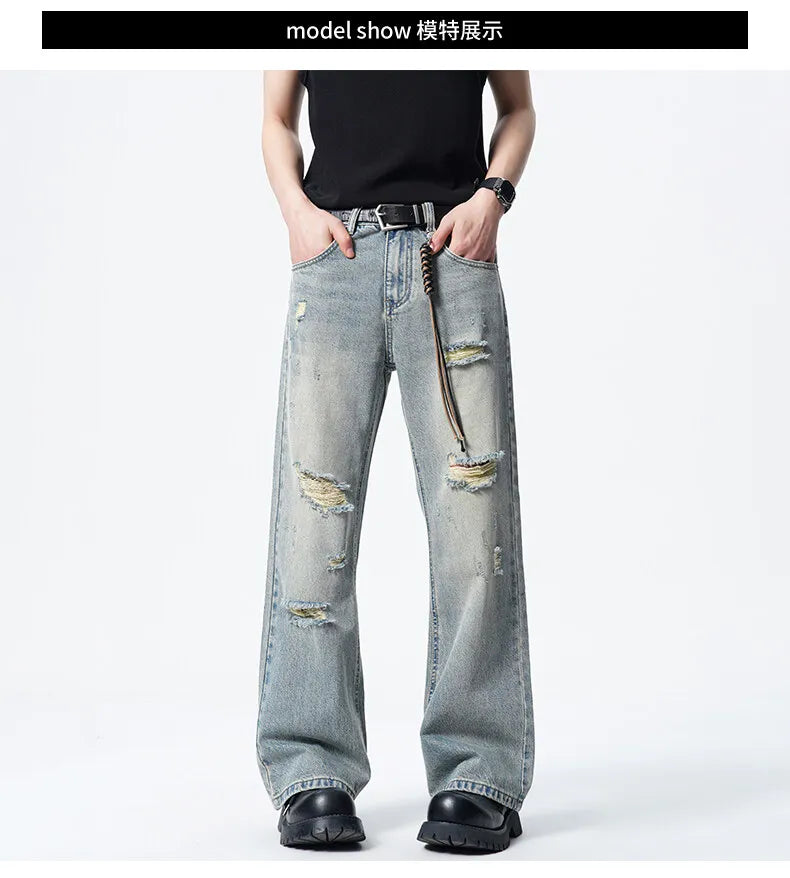 Men Straight Leg Vintage Blue Washed Denim Jeans Casual Ripped Distressed Trousers Classic Retro Style Comfortable Streetwear voguable