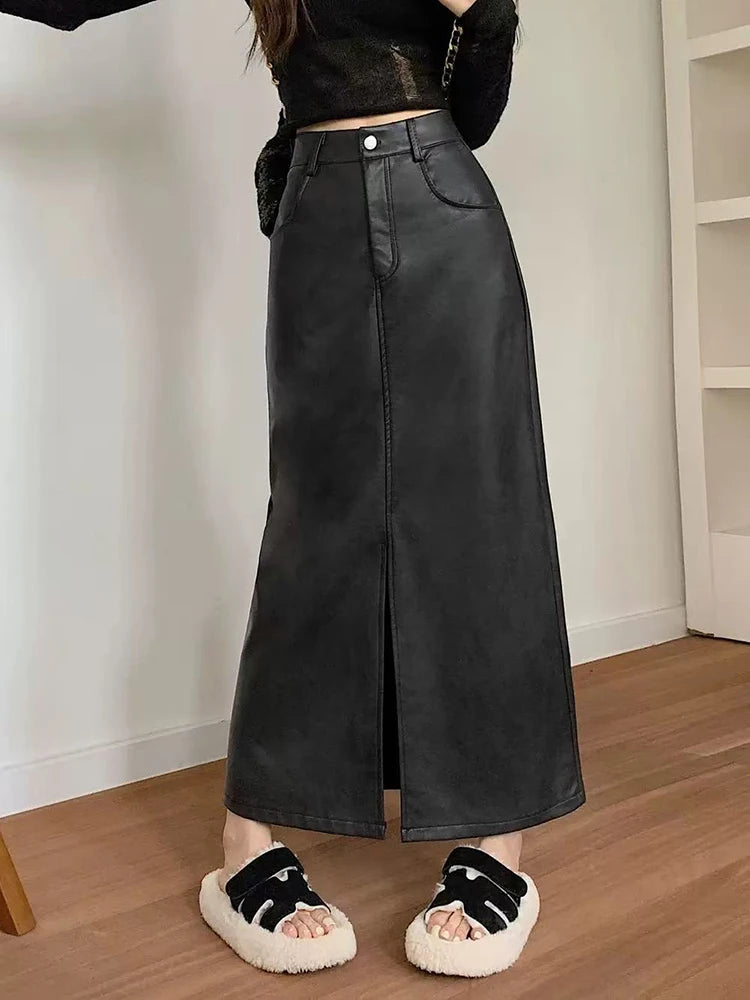 Vintage Pu Leather Split Midi Skirts Women Y2K High Waist Streetwear All Match Hip Skirt Korean Solid Casual Ladies A Line Skirt voguable