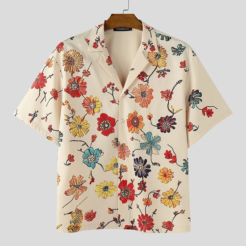 Men Shirt Flower Printing Summer Vacation Male Tops Streetwear Lapel Short Sleeve Loose Casual Men Clothing S-5XL voguable