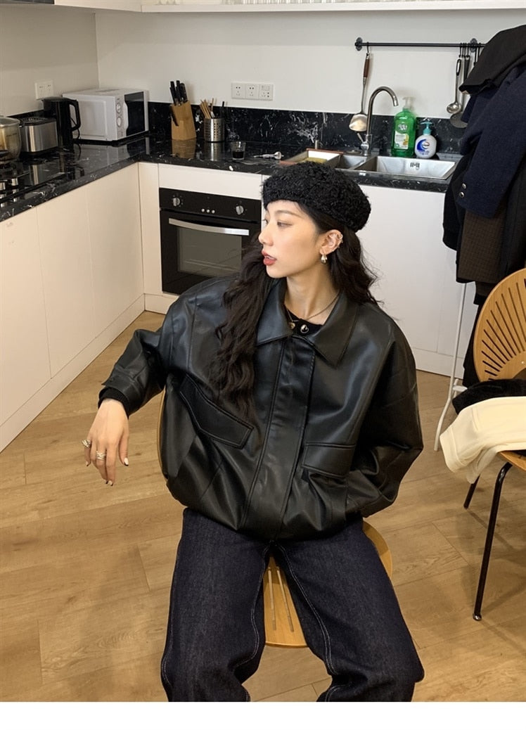 Spring Autumn Cool Retro Casual Oversized Black Waterproof Soft Faux Leather Jackets for Women Zipper Elastic Waist voguable