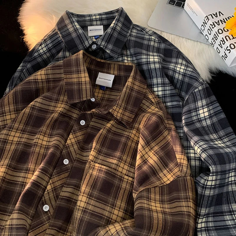 Spring Clothing Men's Leisure Retro Check Button-down Long Sleeve Shirts Lapel Streetwear Fashion Plaid Luxury Jacket Shirt voguable