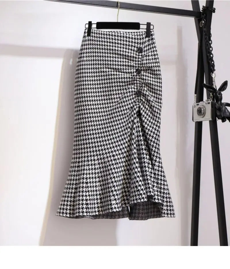 Trumpet Houndstooth Vintage High Waist Buttons Women's Skirt Korean Fashion Mermaid Mid-Calf Long Skirts For Women Spring voguable