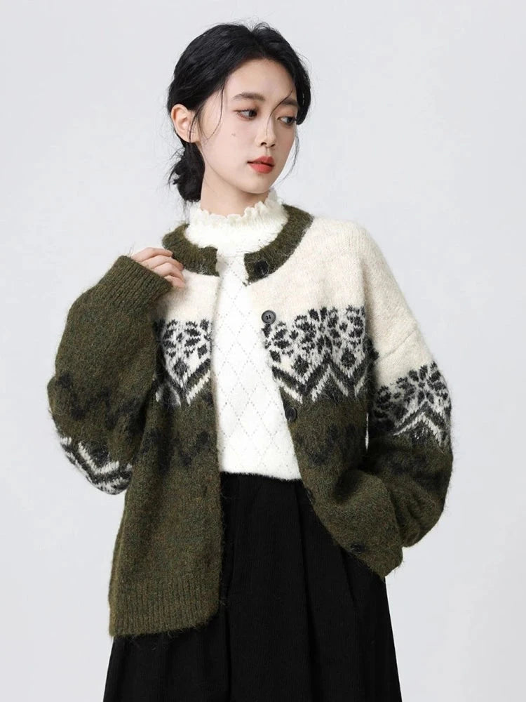 Women O Neck Retro Print Cardigan Sweaters Casual Lazy Wind Long Sleeve Knitted Short Coat Fall Winter Vintage Harajuku Lady Top voguable