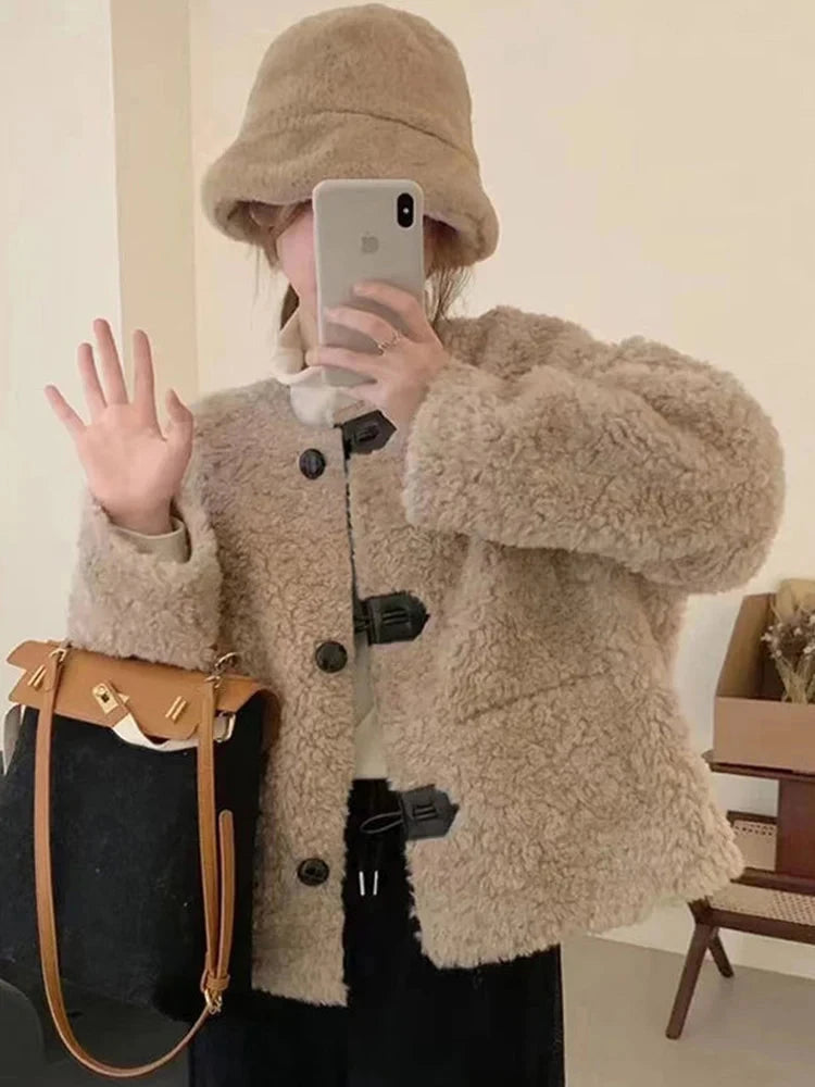 Korean Winter Faux Lamb Coat Women Slim Long Sleeve Warm Sweet Jacket Preppy Style Casual O Neck Female Cute Solid Tops New voguable