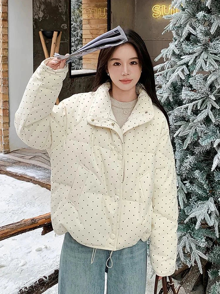 Dot Sweet Warm Parkas Women Long Sleeve Retro Winter Thick Cute Cotton Coat Casual Stand Collar Pockets Korean New Jacket voguable