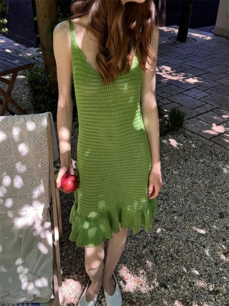 Knit Ruffled Hollow Out Mini Dress Female V-Neck See-Through Holiday Beach Casual Clothes Summer Women's Knitwear Dress voguable