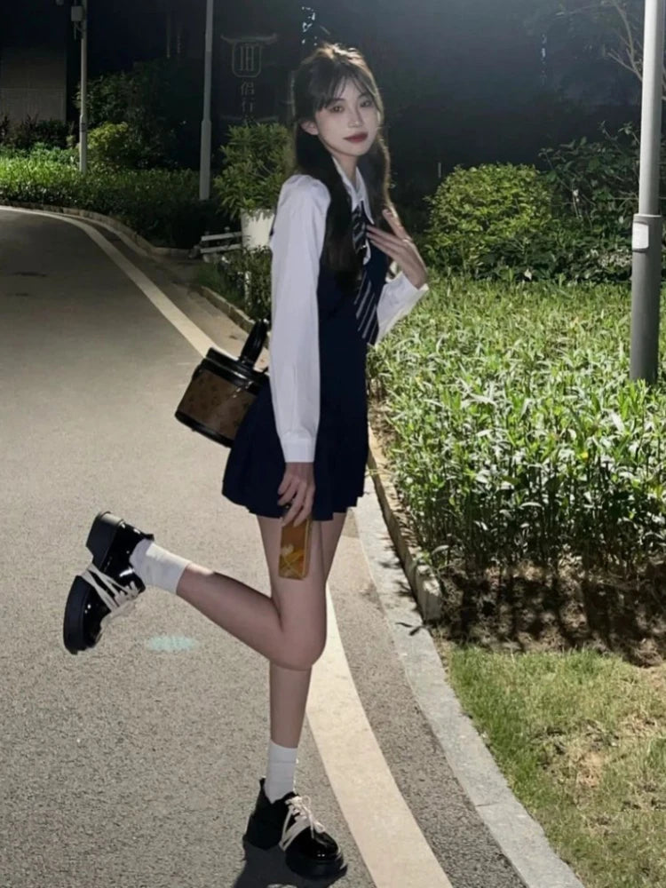 Voguable  Casual Korean Style Two-piece Dress Women 2023 Autumn White Long Sleeve Shirt Elegant High Street Sleeveless Mini Strap Dress voguable