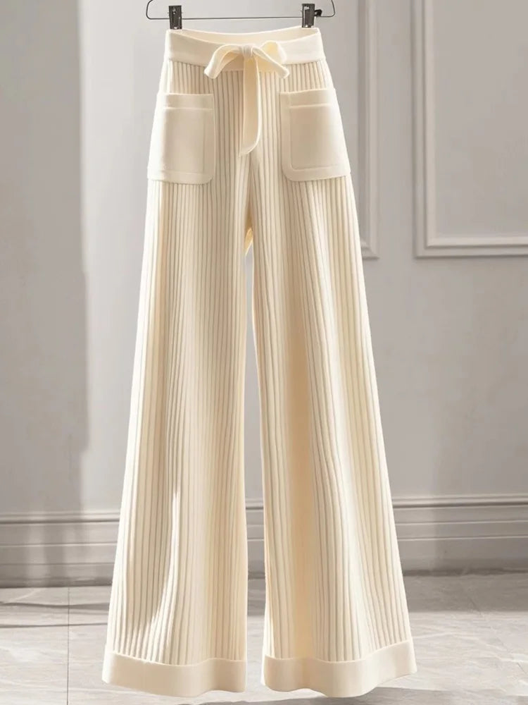 Elegant Sweet Knitted Pants Women Loose Fashion Pockets High Waist Trousers Casual Lady Fall Winter Lace Up Chic Wide Leg Pant voguable