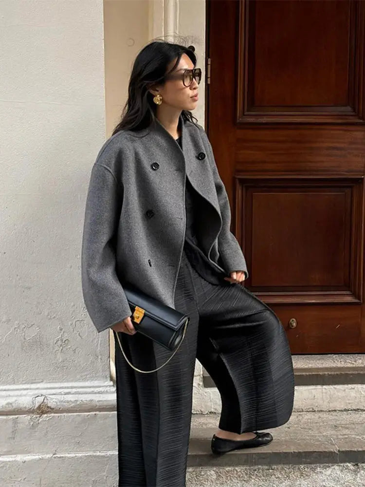 Women's Woolen Coats Loose Casual Retro Double Breasted Stand Collar Short Jacket Office Lady Outerwear Autumn Winter 2024 voguable