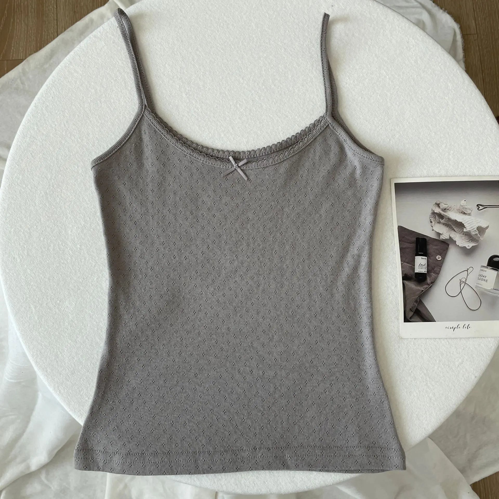 Floral Eyelet Bow Cotton Crop Tops Summer Lace Trim Sleeveless Slim Tank Top Women Preppy Style Sweet Camisole Y2k Clothes voguable