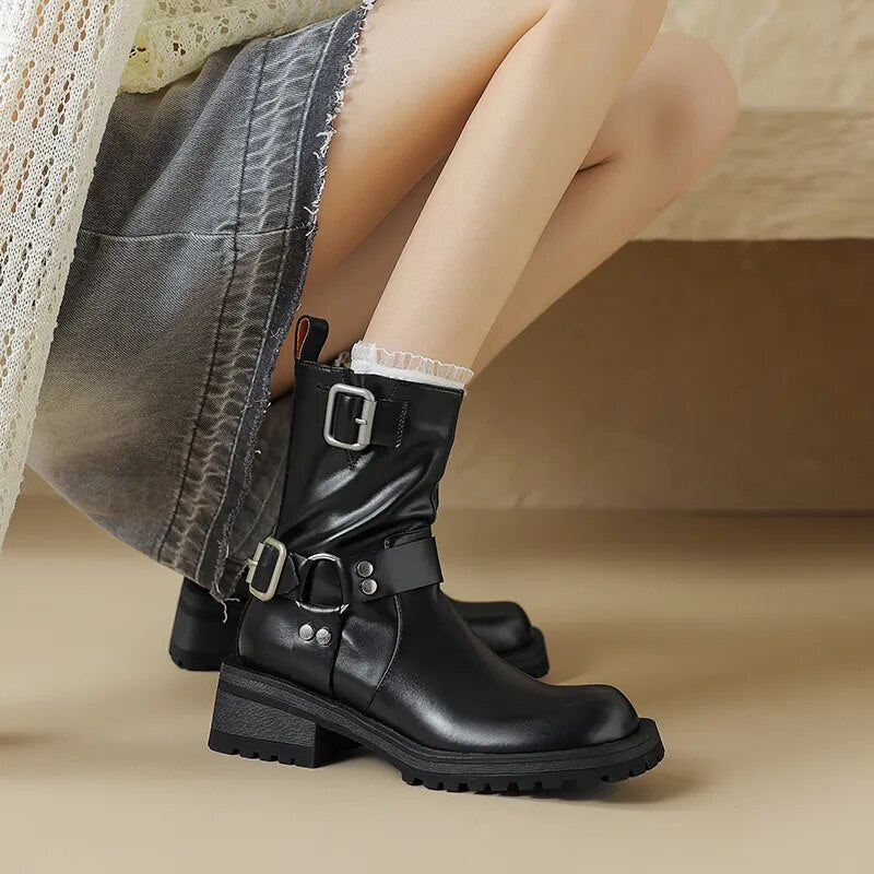 Women Shoes Genuine Leather Ankle Boots Fashion Buckles Design Thick Heels New Winter High-heel Shoes Woman Platform Boots voguable