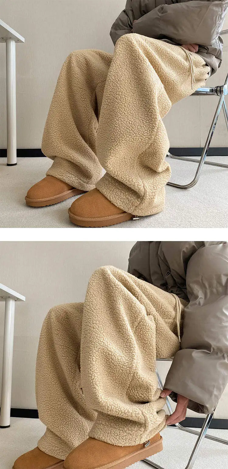 Winter Thick Casual Pants Men Warm Straight Velvet Pants Men Streetwear Loose Wide Leg Pants Mens Thicken Lamb Wool Trousers voguable