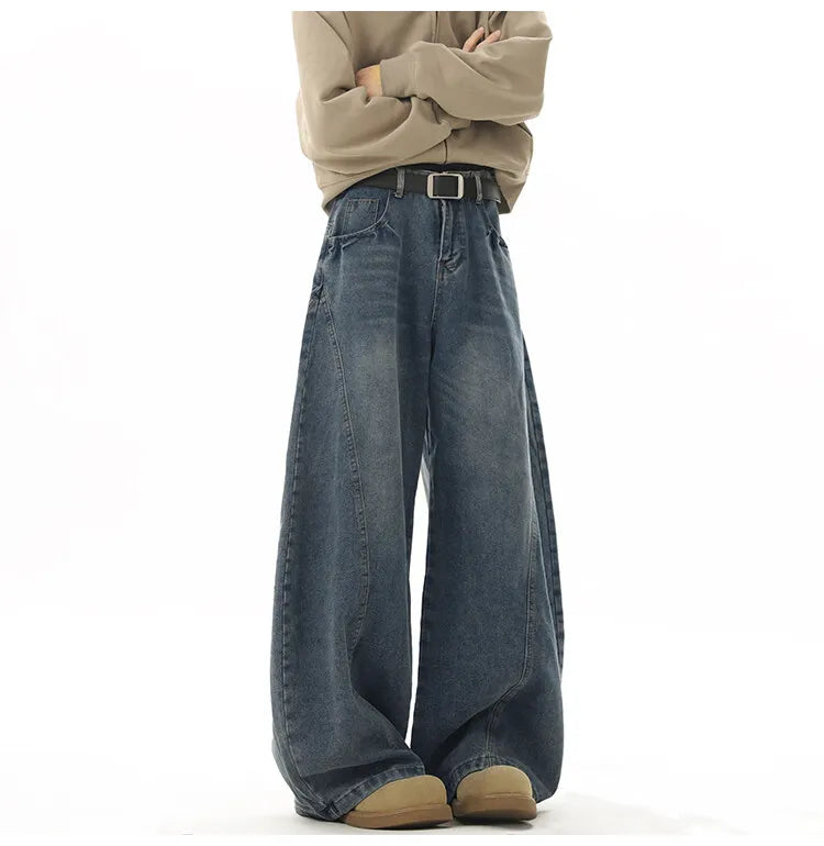 Wide Leg Jeans Men Denim Dark Blue Floor Sweeping Baggy Trousers Street Dance Hip Hop Unisex Urban Fashion Urban Streetwear voguable
