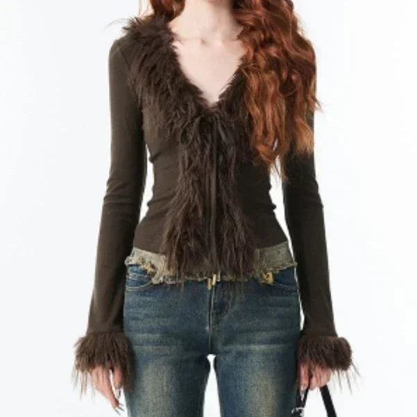 Y2k Aesthetic V-neck Jacket Women Korean Sexy Fashion Cardigan  Harajuku Vintage Bandage Fur Patchwork Coat 2024 Spring Chic voguable
