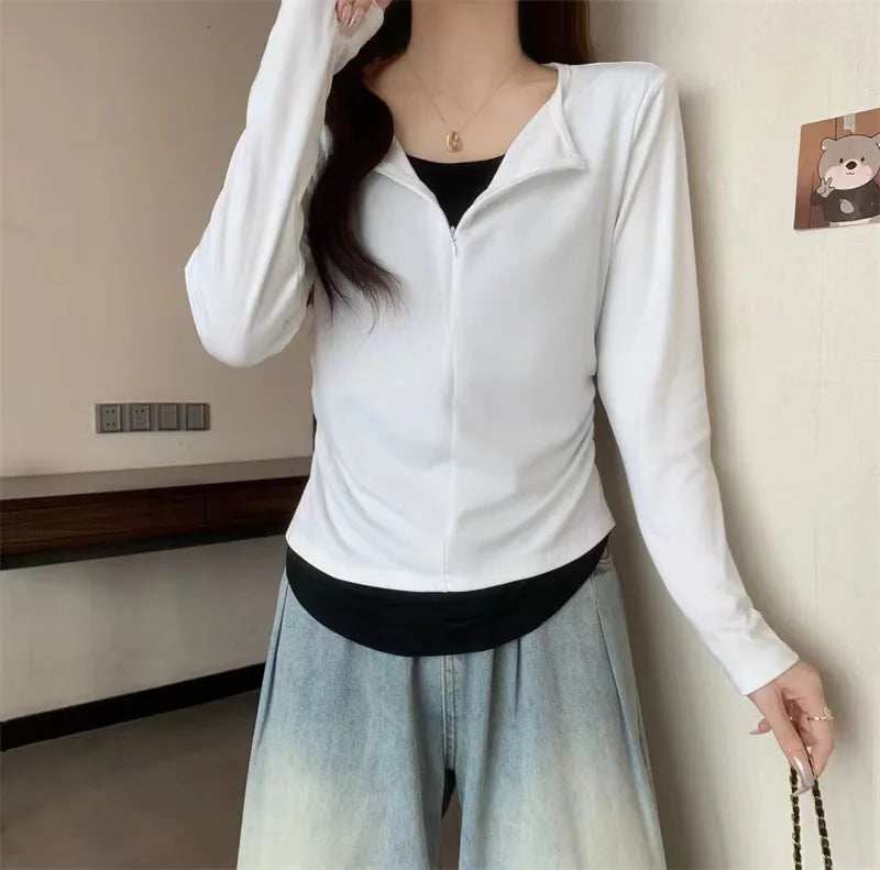 Long Sleeve T Shirt Women Fashion Fake Two Pieces Patchwork Basic Slim Zipper Slimming Bottoming Shirt Retro Red Casual T-shirt voguable