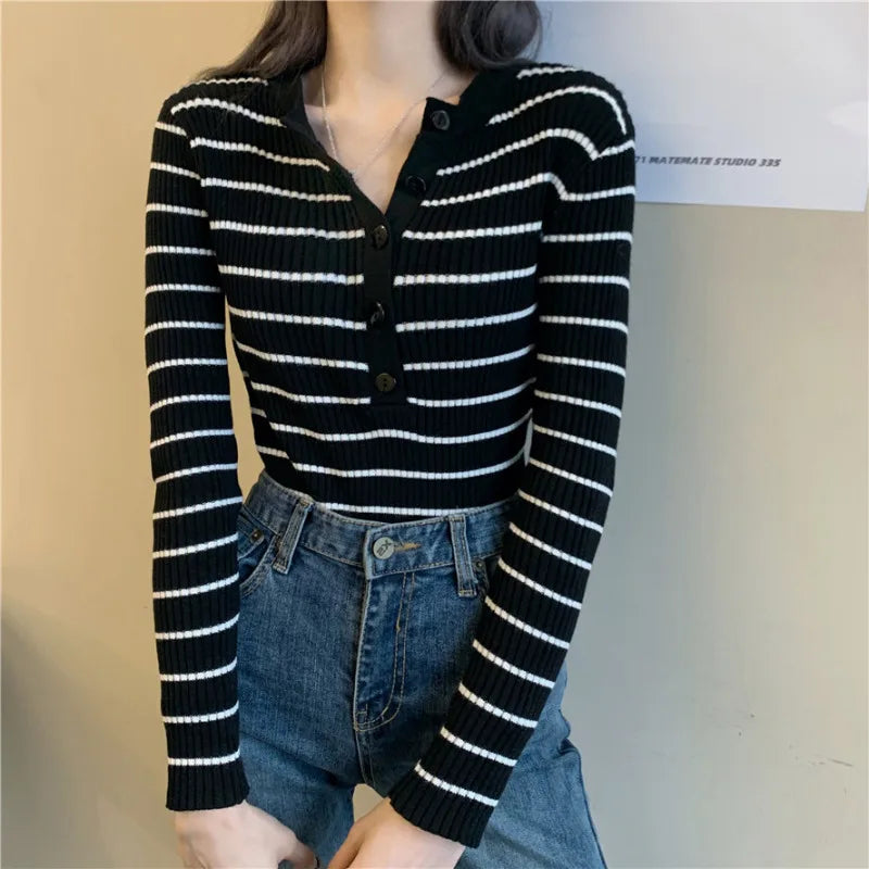 Voguable  Korean Fashion Stripe Knitted Tops Women Y2k Slim Fit Sweaters Mujer Early Autumn New Bottoming Pullovers voguable