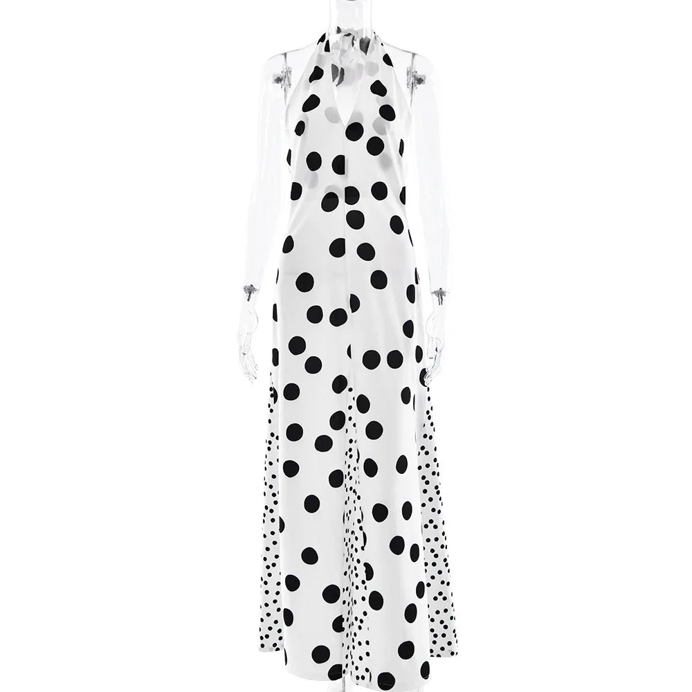 Voguable  Women's Floral Maxi Dress Halter Tie Deep V Polka Dot Sexy Backless Patchwork Contrast Slim A-Line Long Dress Partywear voguable