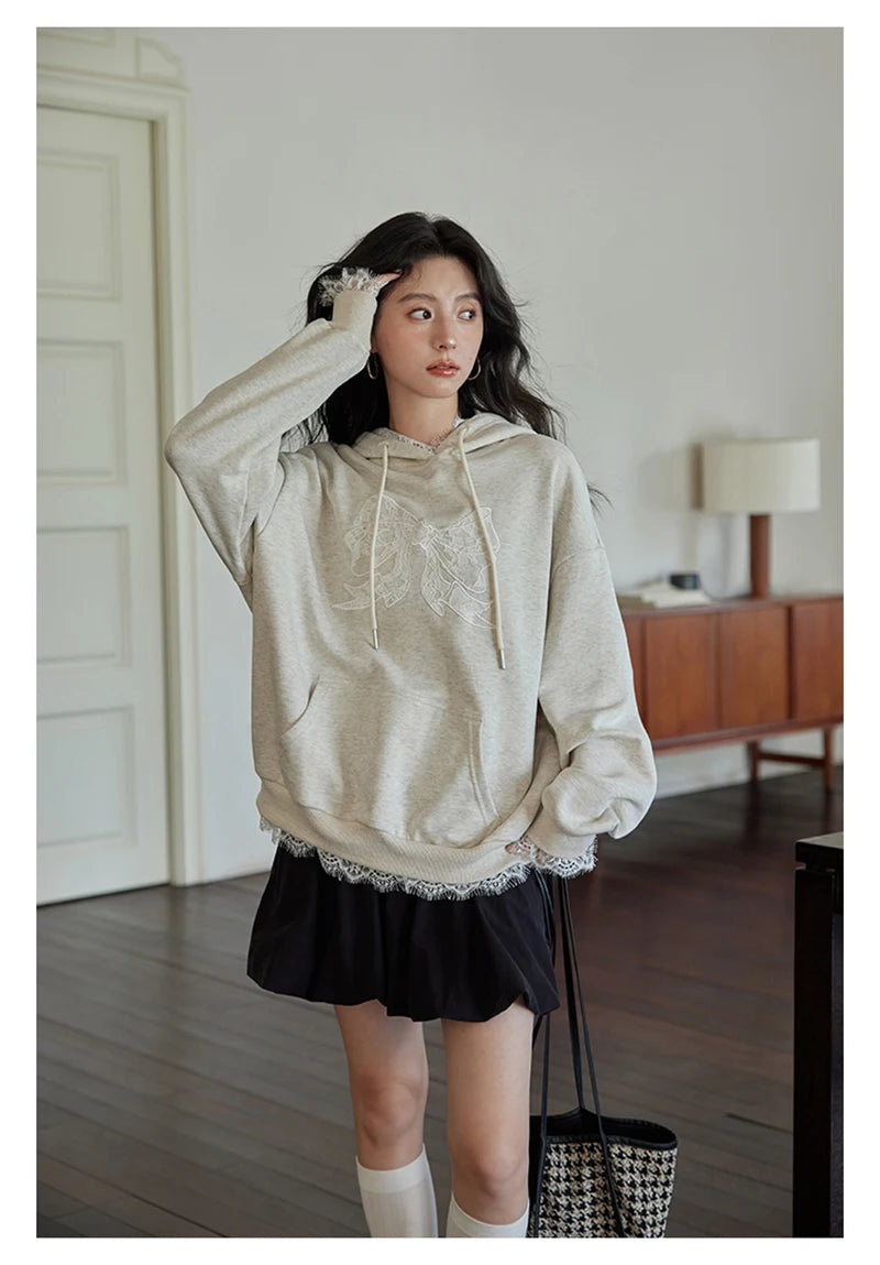 Lace Patchwork Cute Hoodies Women Loose Long Sleeve Bow Print Vintage Pullover Korean Casual Female Preppy Style Sweet Tops voguable