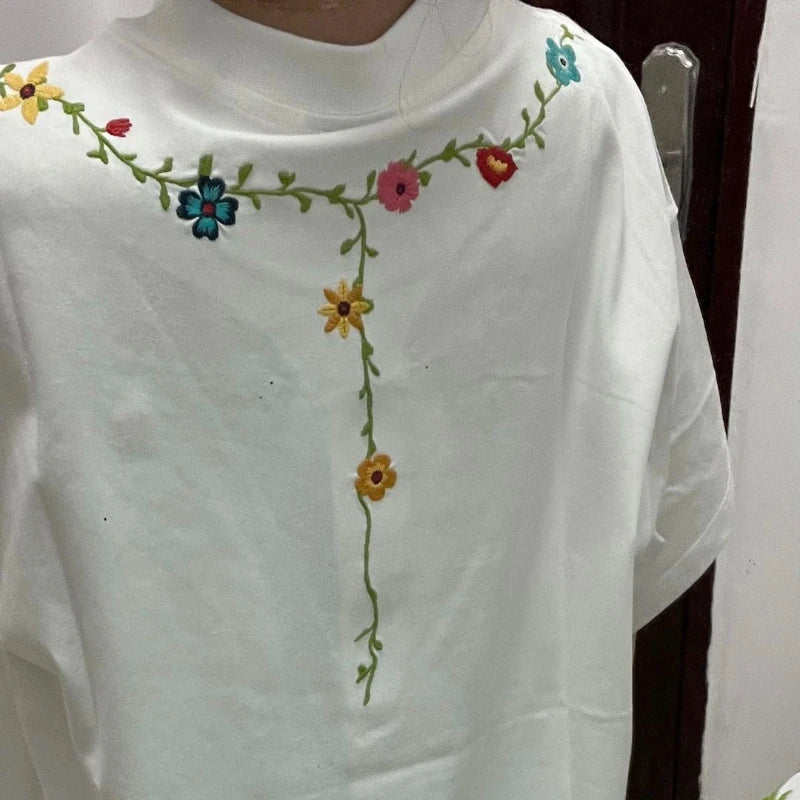 100% Cotton White Embroidered Flowers Short Sleeve for Women Casual Men O-Neck Streetwear Tees oversize Pullover Unisex T-Shirts voguable