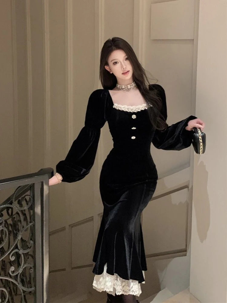 Lace Patchwork Black Dress Women Fall Winter French Elegant Square Collar Midi Dress Ladies Gold Velvet Party Fishtail Vestidos voguable