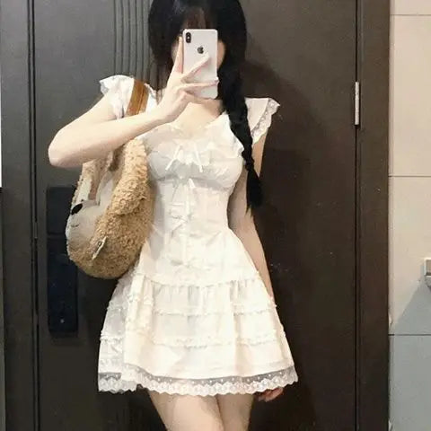 Voguable Y2k Coquette White Lolita Sweet White Kwaii Cute Mini Dress Women Lace Bow Princess Slip Lace Short Dresses 2024 Fashion voguable