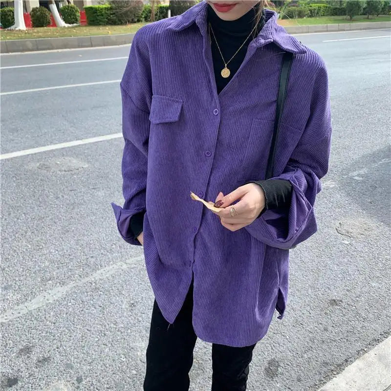 Voguable  Bf Women Corduroy Shirt Long Sleeve Spring Purple Loose Single Breasted Korean Ladies Turn Down Collar Shirt Coat voguable