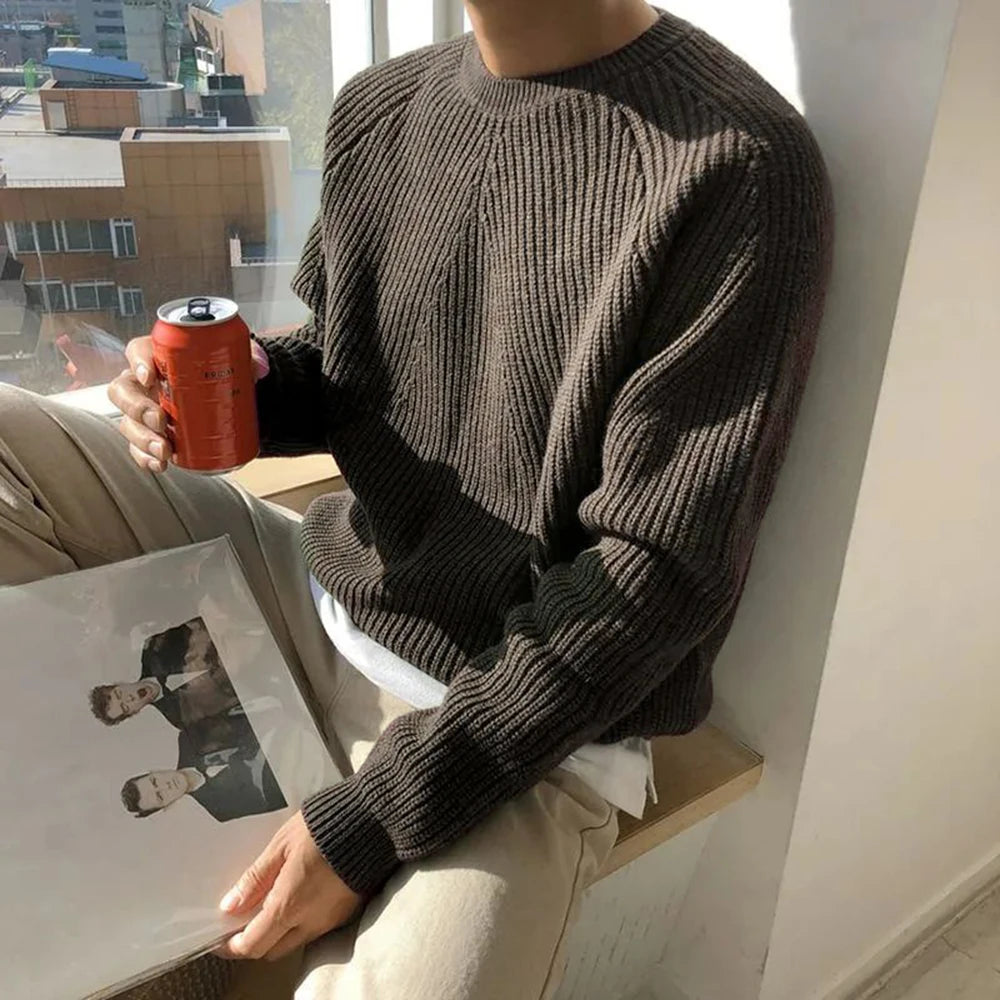 Voguable  Men Autumn Winter Korean Style Loose Round Neck Knitted Sweater Gender-Neutral Trendy Casual Solid Color Simple Sweater Unisex voguable