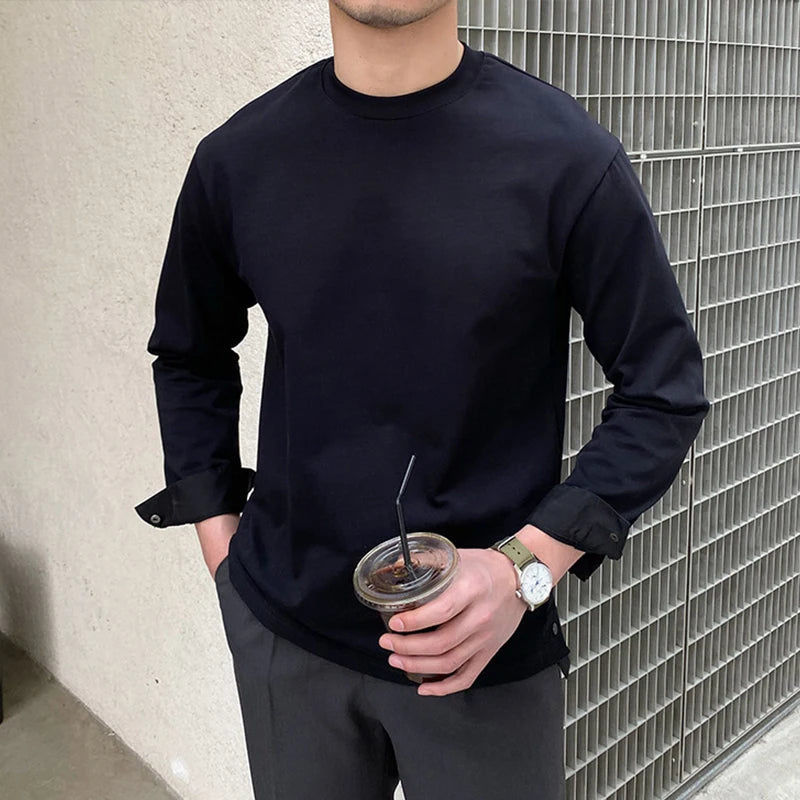 New Autumn Fashion Men T-shirt Light Luxury Solid Color Long Sleeve Tops Leisure Streetwear Casual O Neck Basic Shirts M-3XL voguable