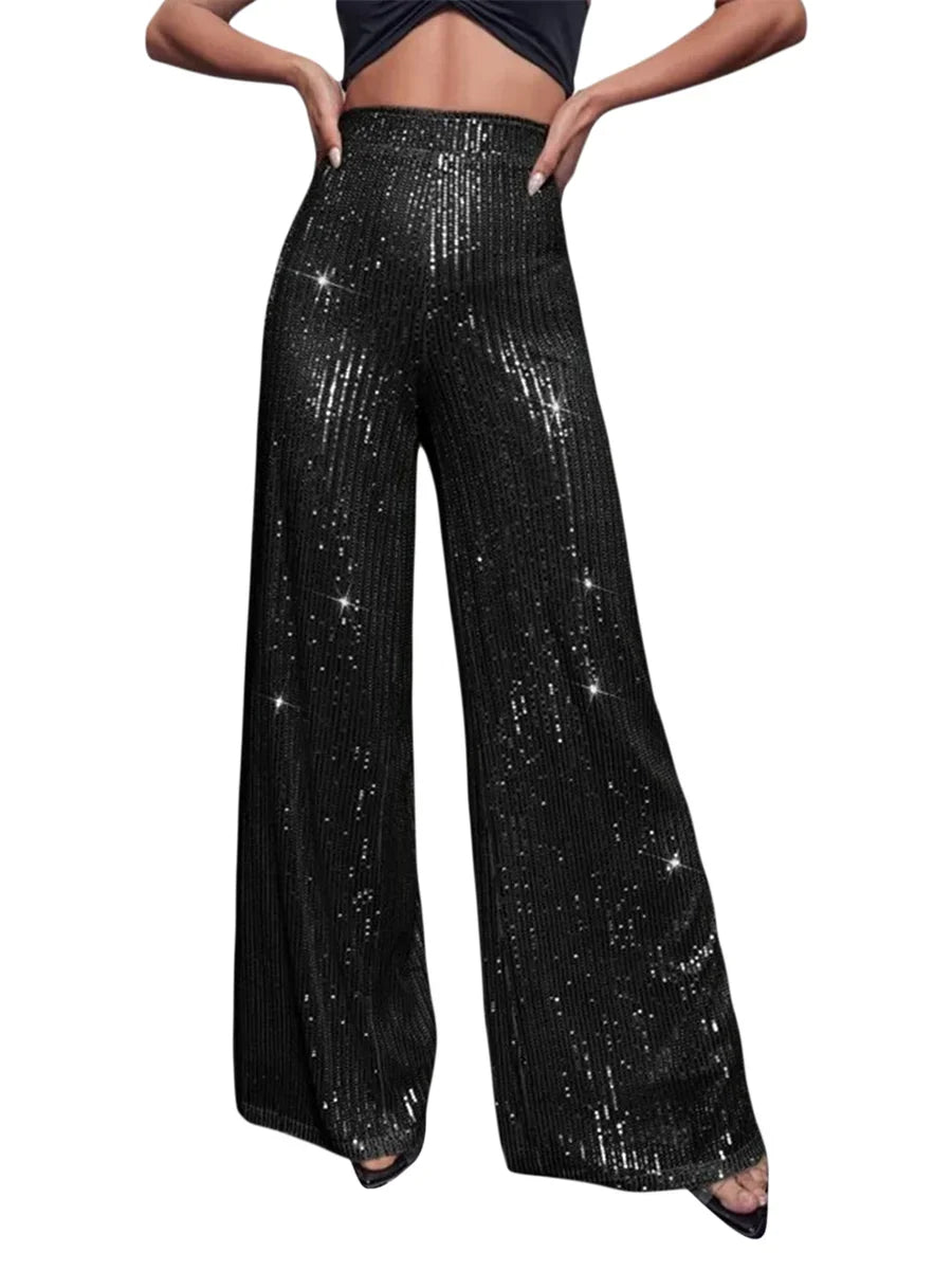 Voguable  Women Sequin Flare Pants Sparkly High Waist Wide Leg Bell-bottom Trousers Slim Party Club Shiny Pants Clubwear voguable