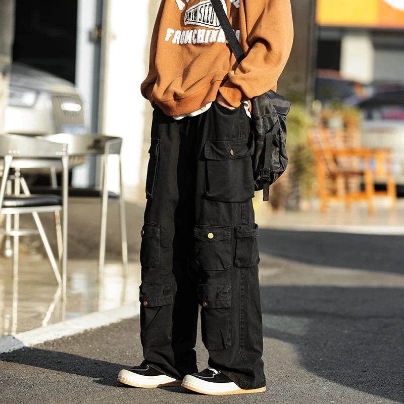 Japanese Multi-pocket Work Pants Men's Autumn Trendy Loose Straight Casual Pants Hip-hop Retro Design Trousers Aesthetic Chic voguable