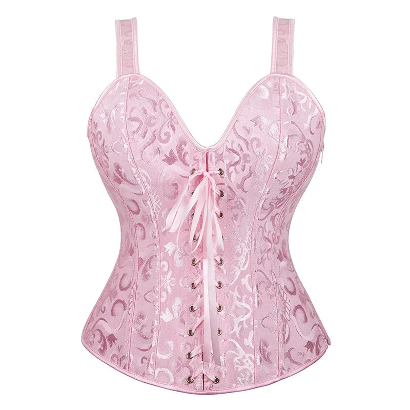 Voguable Rose Red Corset Top With Straps Sexy Bustier Zipper Brocade Vest Lingerie Plus Size Gothic For Women Outfit Burlesque Medieval voguable